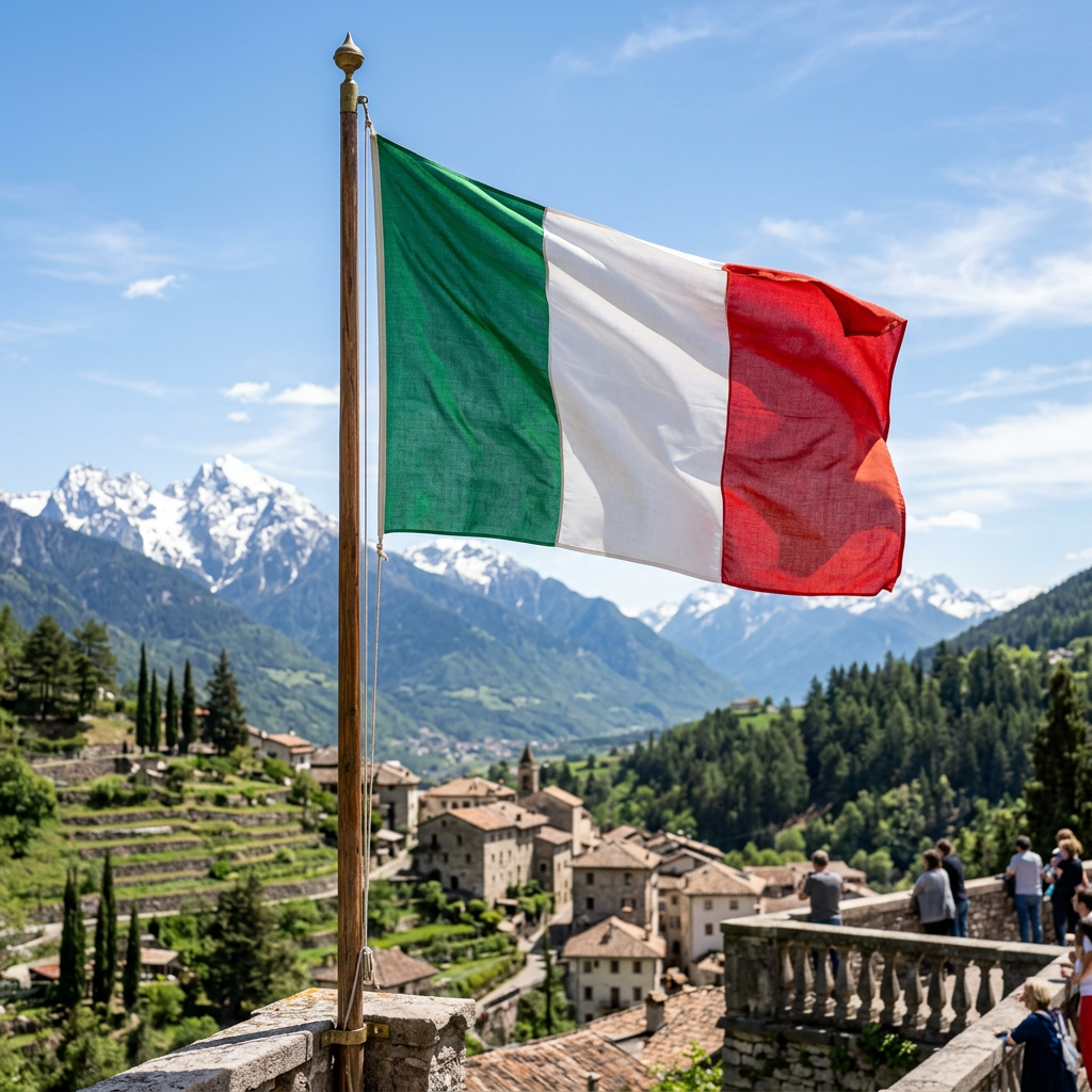 Italian flag flying in front of alpine village and mountains
